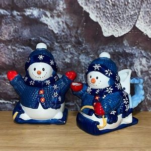 Bico China Ceramic Snowman Sugar Bowl and Creamer Christmas Snowflake Blue